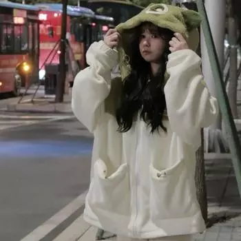 Мягкие большие толстовки на молнии Kawaii, женские японские милые толстовки из флиса ягненка с капюшоном, осенняя лоскутная толстовка M