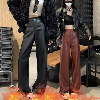 Мягкие брюки из искусственной кожи, прямые брюки, женские, с утолщенным флисом, кожаные брюки для похудения S чёрный