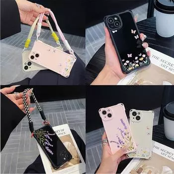 Мягкие чехлы для iPhone 16 15 13 12 11 14 Pro Max, защитный чехол от падения с четырьмя углами, дополнительный шнурок N86, маленькая бабочка из свежего цветка for iPhone 7/8