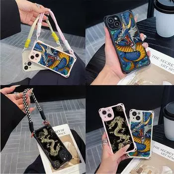 Мягкие чехлы для iPhone 16 15 13 12 11 14 Pro Max 8 Plus XR Четыре угла Защитный чехол от падения Дополнительный шнурок N81 Дизайн дракона Арт for iPhone 7/8
