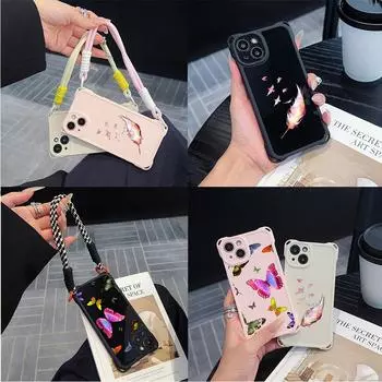Мягкие чехлы для iPhone 16 15 13 12 11 14 Pro Max 7 8 Plus XR Четыре угла Защитный чехол от падения Дополнительный шнурок N76 Бабочка for iPhone 7/8