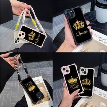 Мягкие чехлы для iPhone 16 15 13 12 11 14 Pro Max 7 8 Plus XR Четыре угла Защитный чехол от падения Дополнительный шнурок N94 Queen King Crown for iPhone 7/8