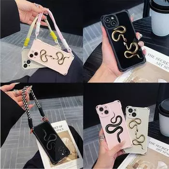 Мягкие чехлы для iPhone 16 15 13 12 11 14 Pro Max 7 8 Plus, защитный чехол с четырьмя углами и защитой от падения, дополнительный шнурок N71, черный, золотой, змея for iPhone 7/8