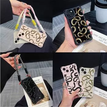 Мягкие чехлы для iPhone 16 15 13 12 11 14 Pro Max 7 8 Plus, защитный чехол от падения с четырьмя углами, дополнительный шнурок N72, черный, золотой, с рисунком змеи for iPhone 7/8