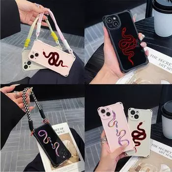 Мягкие чехлы для iPhone 16 15 13 12 11 14 Pro Max 8 Plus, защитный чехол с четырьмя углами и защитой от падения, дополнительный шнурок N73, черный, золотой, с рисунком змеи for iPhone 7/8