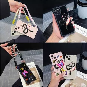 Мягкие чехлы для iPhone 16 15 13 12 11 14 Pro Max 7 8 Четыре угла Защитный чехол от падения Дополнительный шнурок N77 бабочка Черный Золотой Змея for iPhone 7/8