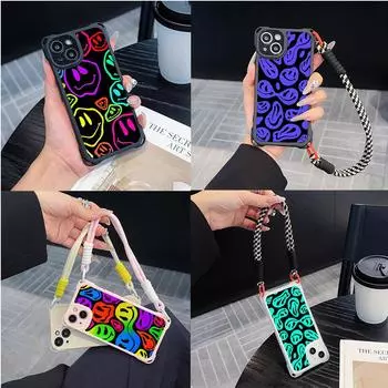 Мягкие чехлы для телефонов Ae88 Lovely Smiley Art для iPhone 16 15 14 13 12 11 Pro Max XR с ремешком на запястье, защитной крышкой для углов for iPhone 7/8