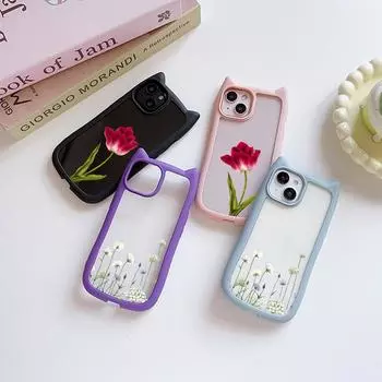 Мягкие чехлы для телефонов с кошачьими ушками для iPhone 16 15 13 12 11 Pro Max 14 Plus XR XS Max TPU Anti-Drop Прозрачная акриловая задняя крышка N93 Peony for iPhone XR