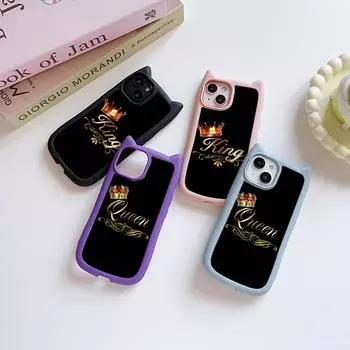 Мягкие чехлы для телефонов с кошачьими ушками для iPhone 16 15 13 12 11 Pro Max 14 Plus XR TPU Anti-Drop Прозрачная акриловая задняя крышка N84 King Queen Couples for iPhone XR