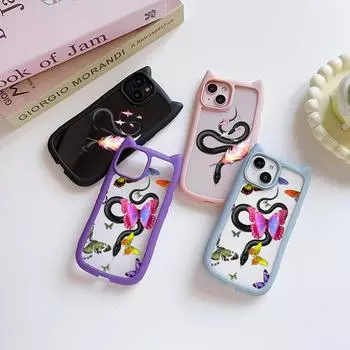 Мягкие чехлы для телефонов с кошачьими ушками для iPhone 16 15 13 12 11 Pro Max 14 Plus XR TPU Anti-Drop Прозрачная акриловая задняя крышка N77 бабочка Черный Золотой Змея for iPhone XR