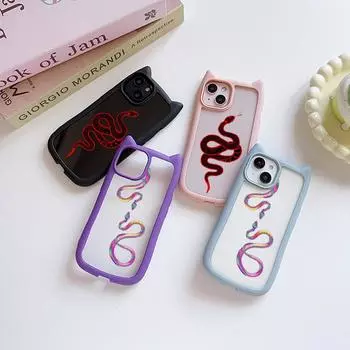 Мягкие чехлы для телефонов с кошачьими ушками для iPhone 16 15 13 12 11 Pro Max 14 Plus XR TPU Anti-Drop Прозрачная акриловая задняя крышка N73 Черно-золотой дизайн со змеиной кожей for iPhone XR