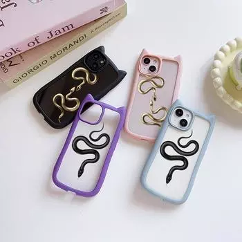 Мягкие чехлы для телефонов с кошачьими ушками для iPhone 16 15 13 12 11 Pro Max 14 Plus XR TPU Anti-Drop Прозрачная акриловая задняя крышка N71 Black Gold Snake for iPhone XR