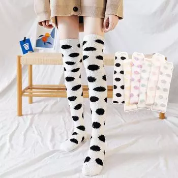 Мягкие чулки из кораллового флиса для женщин, зимние плюшевые носки выше колена, чулки с принтом в горошек One size