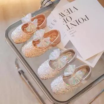 Мягкие детские туфли на плоской подошве со стразами и круглым носком, кружевной бант 2024 года, весенние туфли на липучке для девочек, нежные, сладкие, Мэри Джейн, для вечеринки, свадьбы 26 серебряный