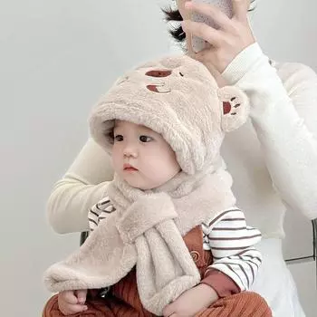 Мягкие двухкомпонентные шапки для мальчиков и девочек, утепленные, с защитой ушей, встроенным шарфом, ветрозащитная шапка-пуловер для мальчиков и девочек 48-52cm хаки