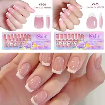 Мягкие гелевые типсы для ногтей French Tip Press On Nails 14 размеров 3 в 1 X Coat Tips с предварительно нанесенным праймером и базовым покрытием B