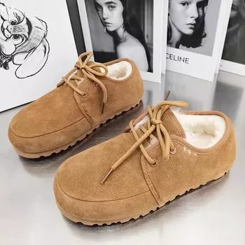 Мягкие хлопковые туфли женские зимние сапоги замшевые меховые тапочки балетки повседневные кроссовки 2024 года трендовые брендовые мюли на шнуровке теплые модные зимние ботинки 35 кофейный