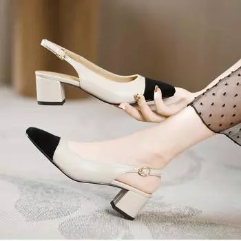 Мягкие кожаные босоножки с толстым каблуком-мешком, женские, лето 2025, новые, на низком каблуке, во французском стиле, маленькие ароматные, подходящие по цвету, высокие каблуки, пустые одинарные туфли 35 абрикосовый
