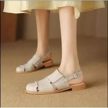 Мягкие кожаные греческие сандалии женские ретро круглые закрытые туфли с открытой пяткой летние вырезы пряжка ремешок плоские Zapatos 35 чёрный