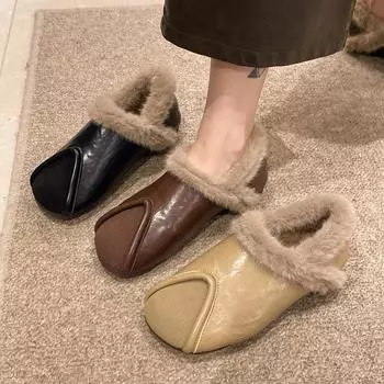 Мягкие кожаные меховые туфли женские зимние 2024 новые модные ретро туфли Doudou с одной педалью бархатные хлопковые туфли 35 чёрный