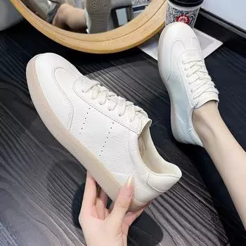 Мягкие кожаные немецкие кроссовки женские 2024 года новые на толстой подошве, увеличивающие рост, универсальные, дышащие, с круглым носком, с повседневными спортивными кроссовками 35 бежевый
