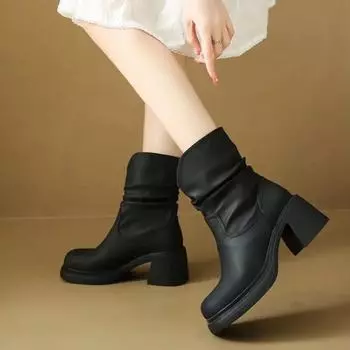 Мягкие кожаные ретро-ковбойские сапоги, новые осенне-зимние джинсы в стиле вестерн, удобные толстые коричневые матовые сапоги с острым носком для женщин 35