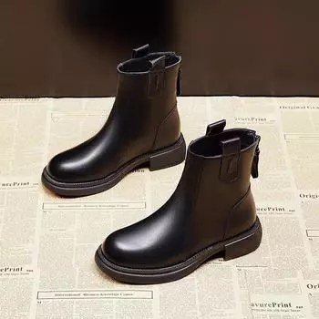 Мягкие кожаные тонкие ботинки женские 2024 новые однобортные ботинки с плоской подошвой на молнии сзади весенние и осенние одинарные ботинки осенне-зимние бархатные ботинки Martin хлопковая обувь 35 чёрный