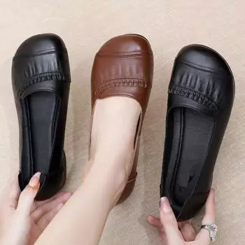 Мягкие кожаные туфли для мам на весну и осень, повседневные туфли на плоской подошве для среднего и пожилого возраста, легкие и универсальные, нескользящие, из говяжьих сухожилий, поэтому 35 коричневый