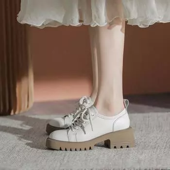 Мягкие кожаные туфли женские на толстом высоком каблуке весна и осень новые кожаные туфли на шнуровке в британском стиле толстые японские туфли универсальные женские туфли 35