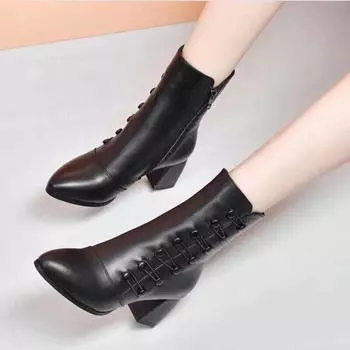 Мягкие кожаные узкие ботинки Короткие ботинки Женские осенне-зимние туфли на среднем каблуке средней длины с мягкой подошвой для мам Короткие ботинки 35