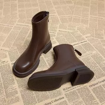 Мягкие кожаные женские ботинки осень-зима 2024 новые корейские короткие женские ботинки на французском толстом каблуке маленькие ботильоны шикарные супер огненные тонкие ботинки 35 чёрный