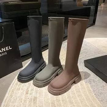 Мягкие кожаные женские длинные сапоги осень-зима на каблуке женская обувь женские высококачественные рыцарские сапоги повседневные сапоги до колена 35 чёрный