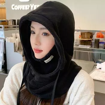 Мягкие маски, шапки-бини с капюшоном, однотонная кепка-пуловер, осенняя женская флисовая шапка с маской для улицы чёрный