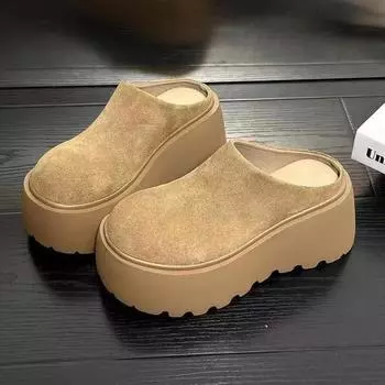 Мягкие матовые кожаные тапочки-маффины с толстым дном, женские тапочки в стиле ретро, универсальные, увеличивающие рост 35 темно-коричневого