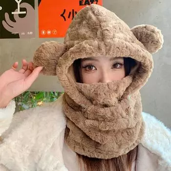 Мягкие медвежьи уши, шапка-бини, утолщенная маска, набор черепов, кавайная шапка-балаклава для женщин/девочек бежевый