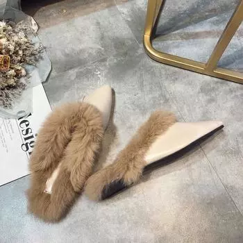 Мягкие меховые полутапочки женские 2024 осень зима искусственная кожа квадратный каблук теплые плюшевые тапочки женские плоские мюли из искусственного меха шлепанцы обувь 35 бежевый