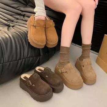 Мягкие меховые тапочки женские зимние 2024 бархатные толстые подошвы сумка головные теплые полутапочки модный тренд 35 хаки