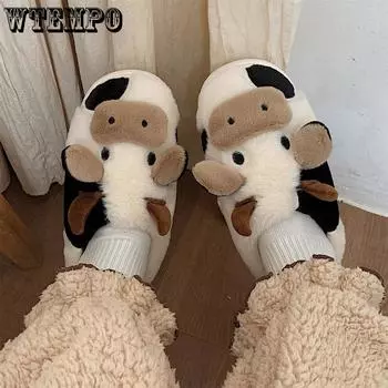 Мягкие милые тапочки из коровьего хлопка, зимние студенческие домашние нескользящие тапочки, зимние теплые парные пушистые меховые тапочки с рисунком молочной коровы 36-37 белый