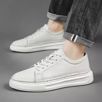 Мягкие мужские туфли из натуральной кожи Four Seasons на шнуровке, новые деловые модные туфли на плоской подошве для прогулок, спорта и отдыха, белые туфли 6.5 чёрный