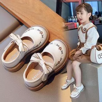 Мягкие нескользящие кожаные туфли для девочек весна/осень 2023 г. — корейский ретро-стиль принцессы для детей среднего и большого размера Size 26 / Length 16cm бежевый