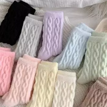 Мягкие носки женские осенние и зимние носки до середины икры утепленные и утолщенные теплые домашние носки шерстяные крученые хлопковые носки зимние One size бежевый