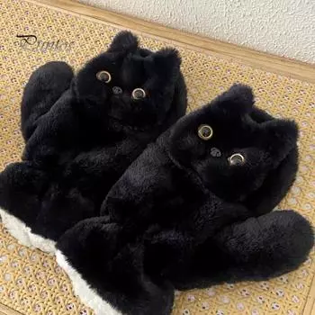 Мягкие перчатки для кошек, зимние теплые милые перчатки без пальцев для женщин, пушистые варежки из искусственного меха черного кота для активного отдыха на свежем воздухе чёрный