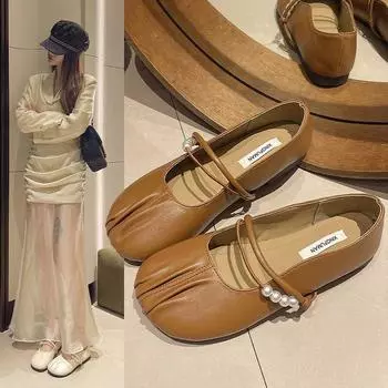 Мягкие плиссированные туфли на плоской подошве женские летние туфли Мэри Джейн женские туфли с одним ремешком из сои 35 хаки