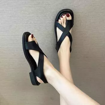 Мягкие плоские сандалии женские летние студенческие сто открытые римские туфли 36 чёрный