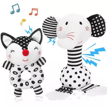 Мягкие плюшевые детские игрушки-погремушки, мягкие игрушки-погремушки, черно-белые игрушки для сенсорного развития для новорожденных, младенцев, 2 шт. Fox-13.5x13cm,16.5x13cm