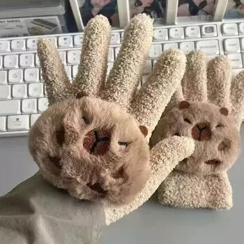 Мягкие плюшевые наушники Capybara с полным пальцем, утолщенные зимние перчатки с рисунком, ветрозащитные утеплители для ушей, складные уличные чехлы Gloves