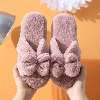 Мягкие плюшевые тапочки для женщин Теплые тапочки без застежек для дома 35-36 красный