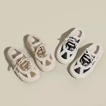 Мягкие плюшевые туфли версии 2024 года, новые модели зимы с овечьей шерстью, сумка на голову, швабра, универсальная повседневная обувь на толстой подошве, полушвабра 35 чёрный