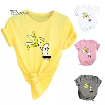 Мягкие продукты Забавный мультфильм Голый банан с принтом Женская футболка с коротким рукавом и круглым вырезом Футболка