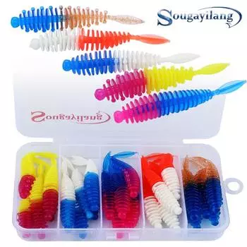 Мягкие рыболовные приманки, 25 шт., мягкая рыболовная наживка из ПВХ, черви, 5 разных цветов, наживка для плавания 25pcs & box